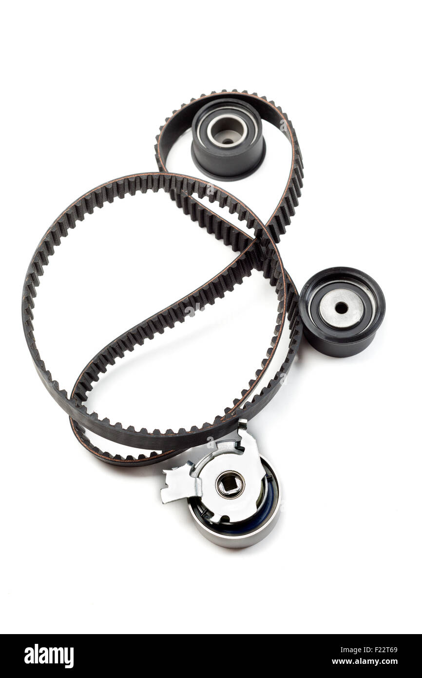 Timing belt, two rollers and the tension mechanism. Isolate on white