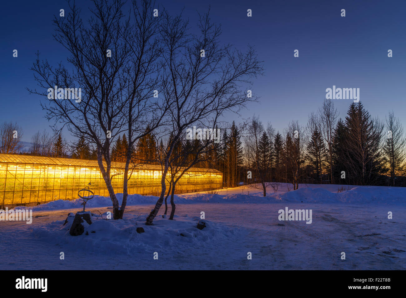 Geothermal heated greenhouse in the wintertime, Iceland Stock Photo