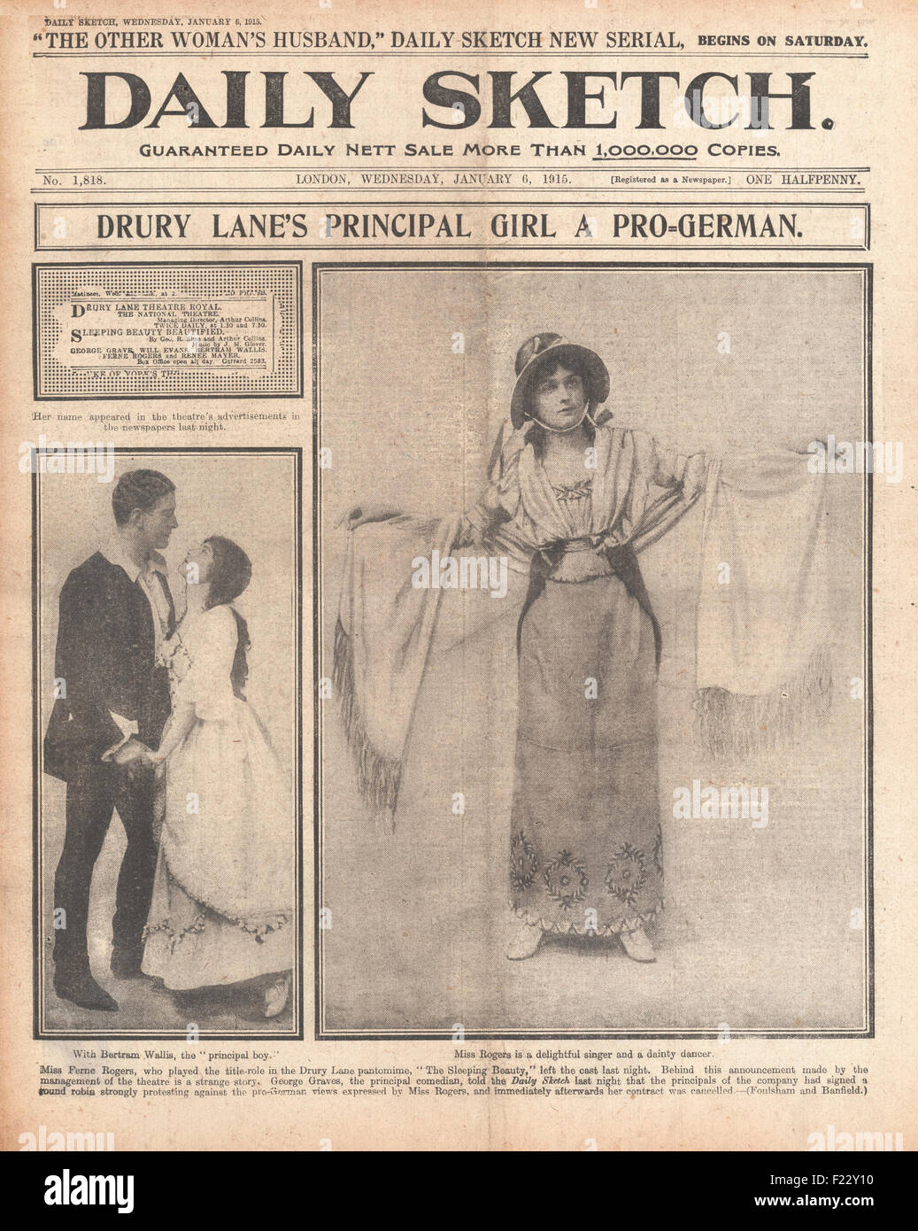 1915 Daily Sketch Ferne Rogers resigns from Drury Lane theatre Stock Photo