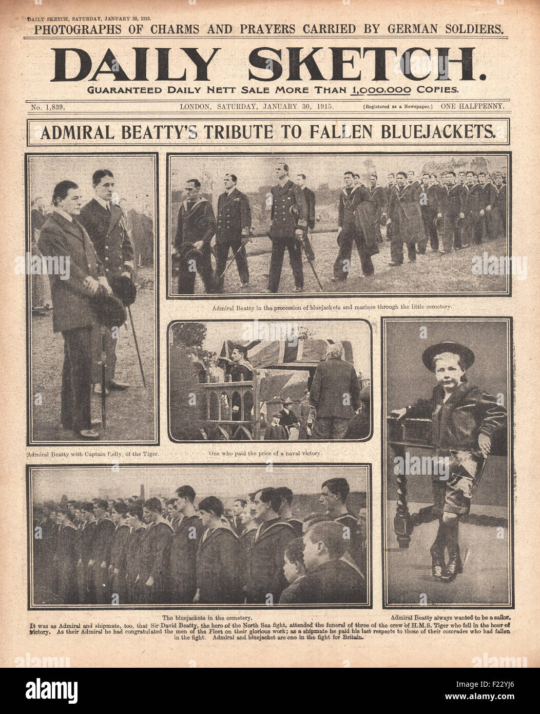 1915 Daily Sketch Admiral Beatty attends funeral of sailors from HMS Lion Stock Photo