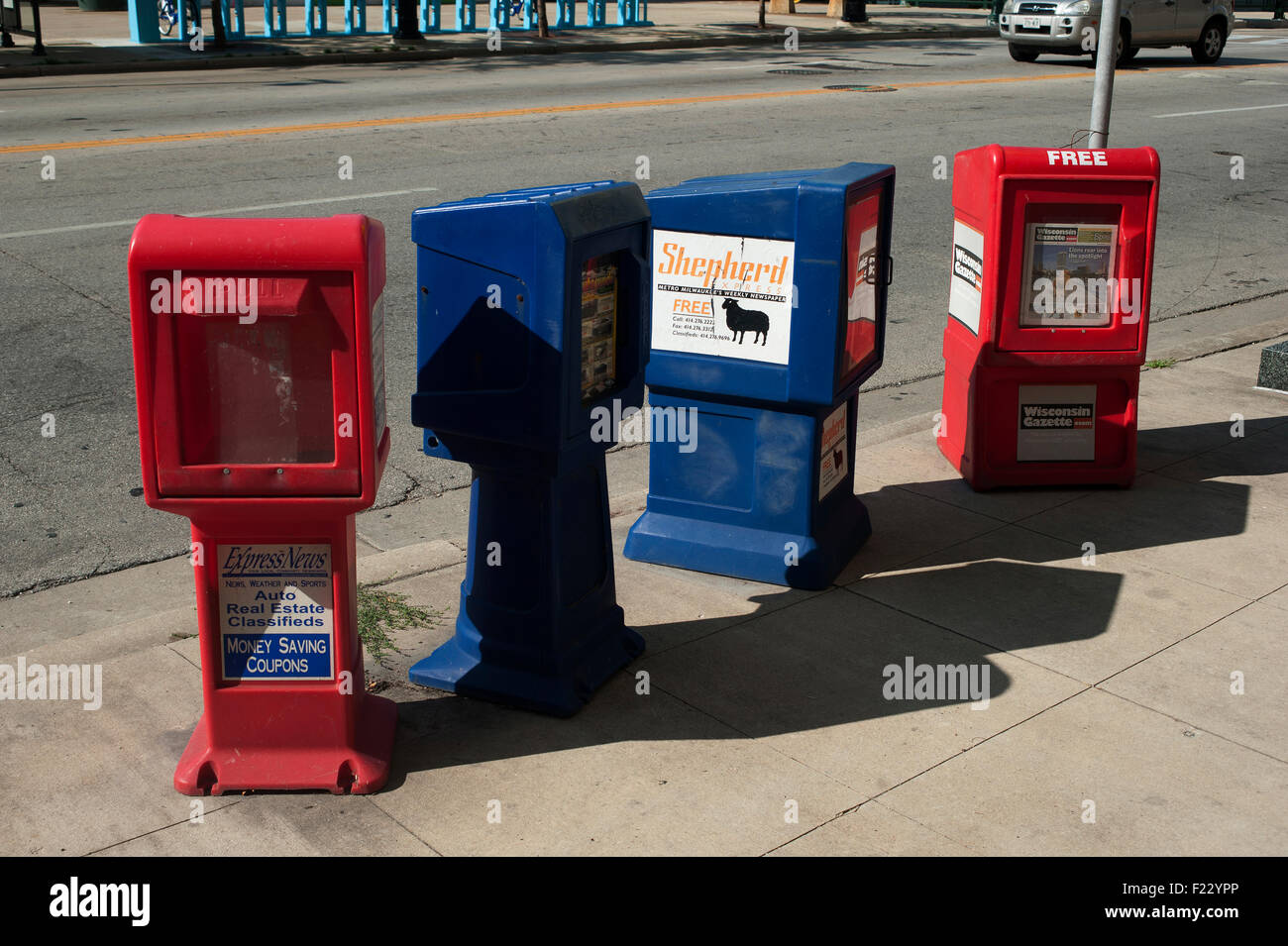 Newspaper vending boxes, Milwaukee, Wisconsin, USA Stock Photo