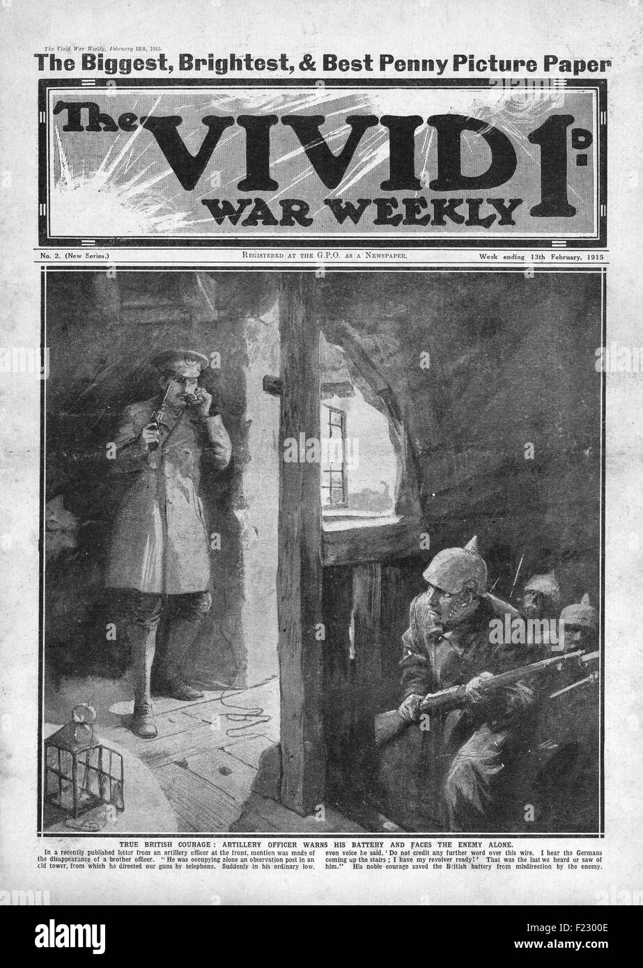 1915 Vivid War Weekly Artillery Officer faces the Enemy alone Stock Photo
