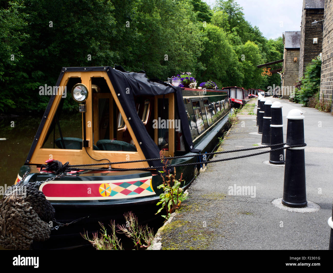 Narrowboats on The Rochdale Canal at Hebble End Hebden Bridge West Yorkshire England Stock Photo