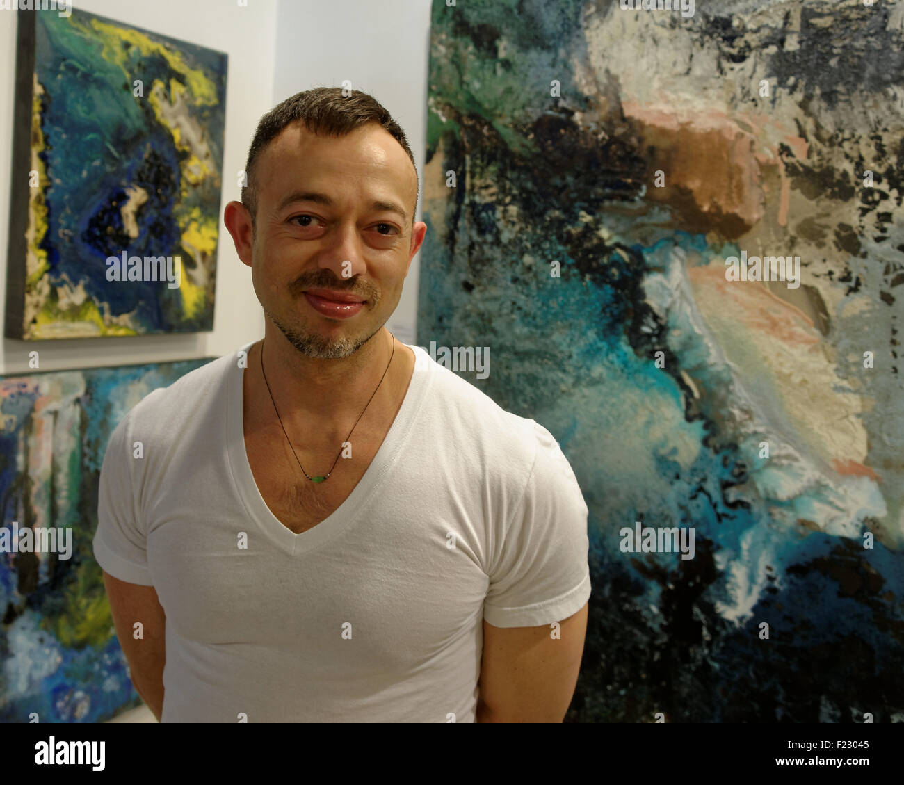 Sydney, Australia. 10th September, 2015.  Eduardo Santos is one of the artists exhibiting his works at the first artist-led 'The Other Art Fair' at Central Park in Sydney. Stock Photo