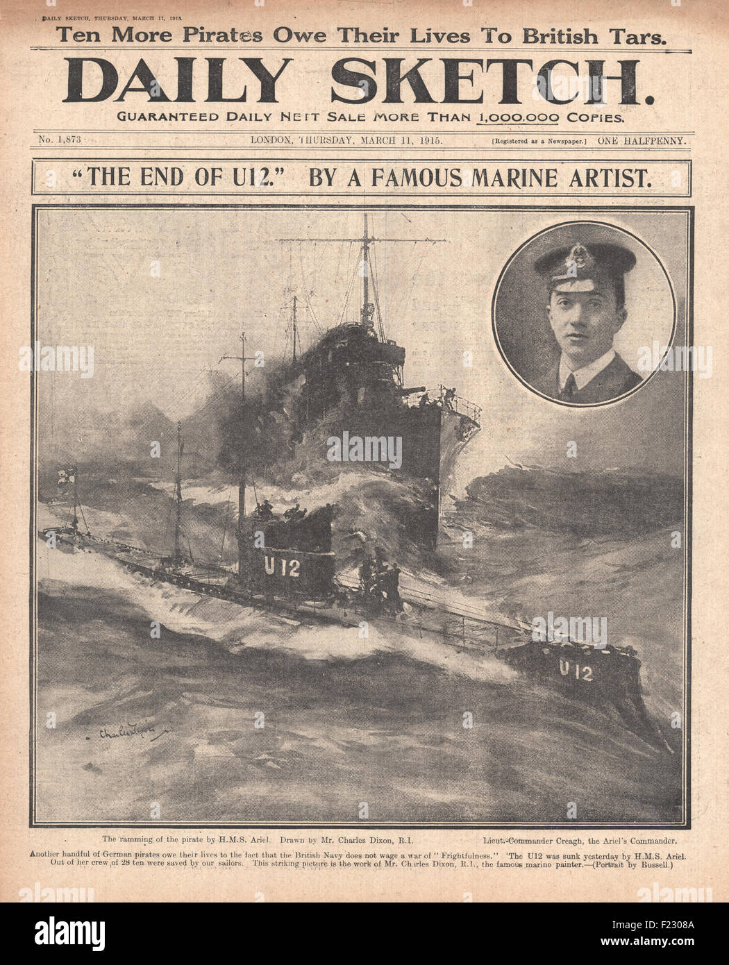1915 Daily Sketch Sinking of German submarine U-12 Stock Photo
