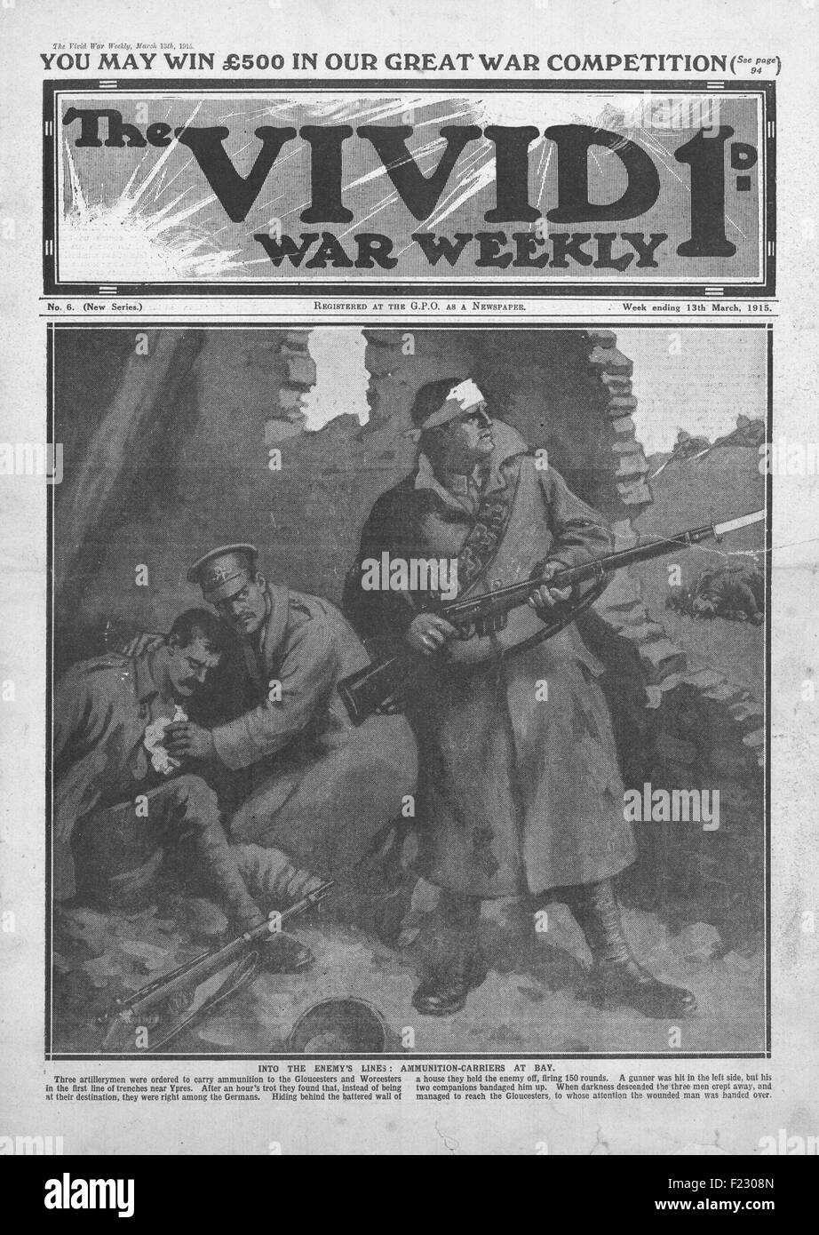 1915 Vivid War Weekly Ammunition carriers at Ypres Stock Photo