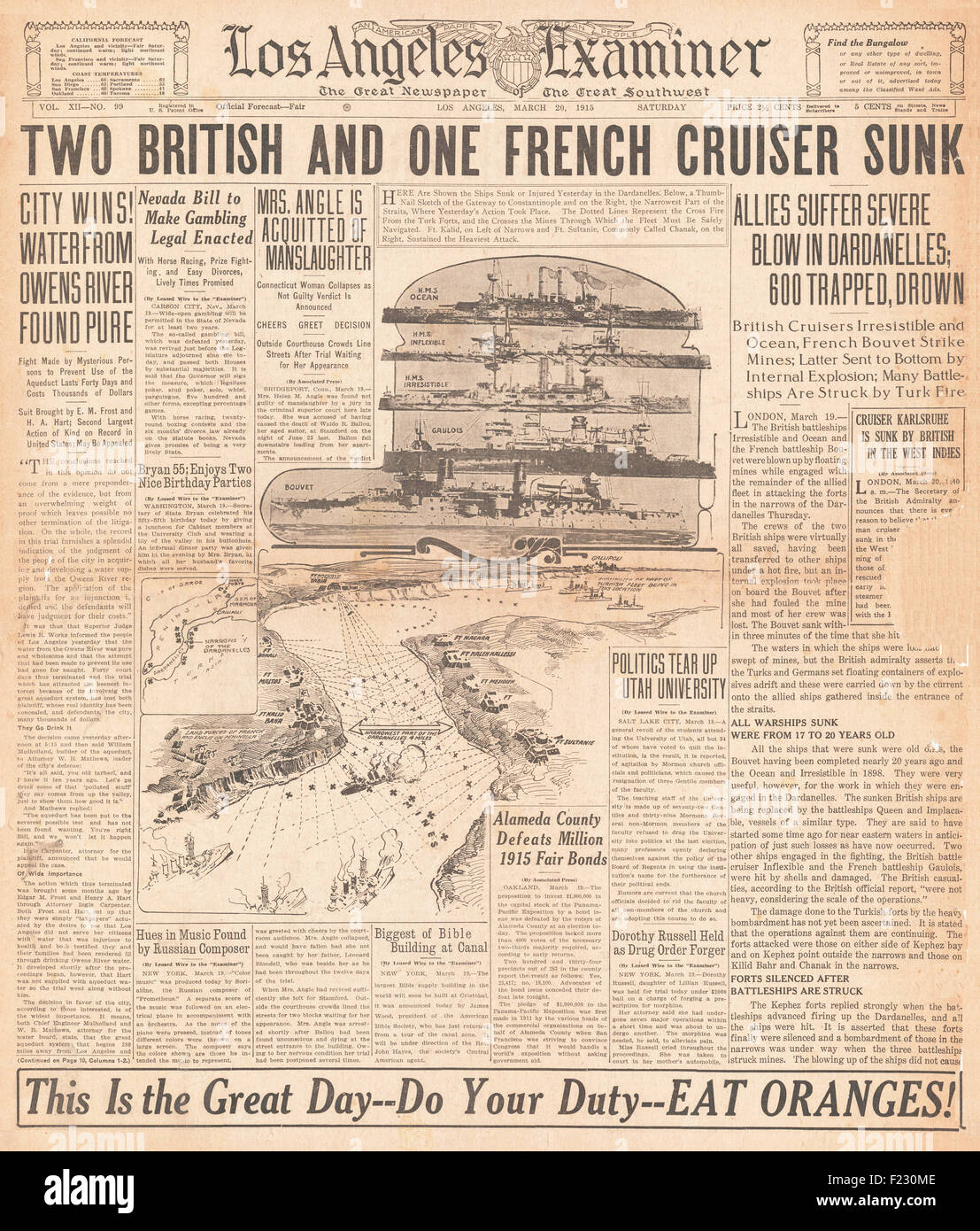 1915 Los Angeles Examiner Naval battle in the Dardanelles Stock Photo