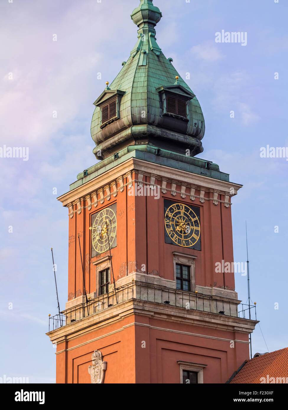 Clock tower of the Royal Castle in the Old Town of Warsaw, Poland Stock