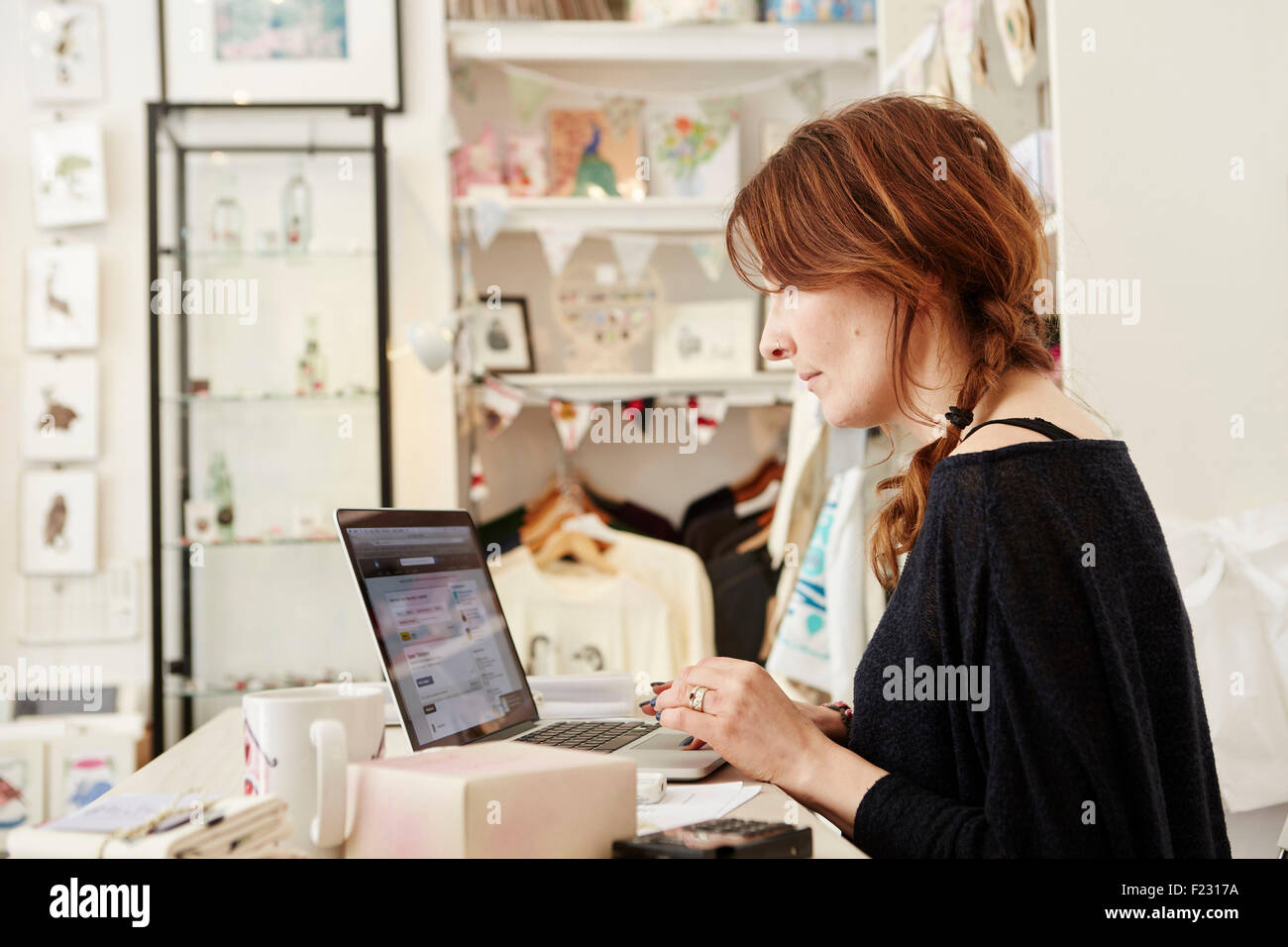 A woman in a small crafts supplier and gift shop, using a laptop, working, Stock Photo
