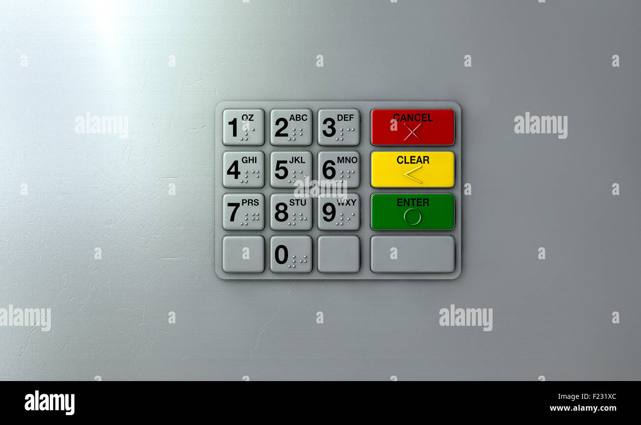 Closeup view of a generic atm keypad buttons with numbers and braille