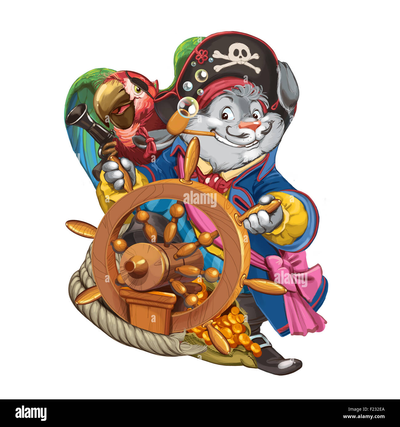 The cartoon hare the pirate in a camisole stands behind a ship steering wheel with the assistant a parrot. Invitation card for a Stock Photo