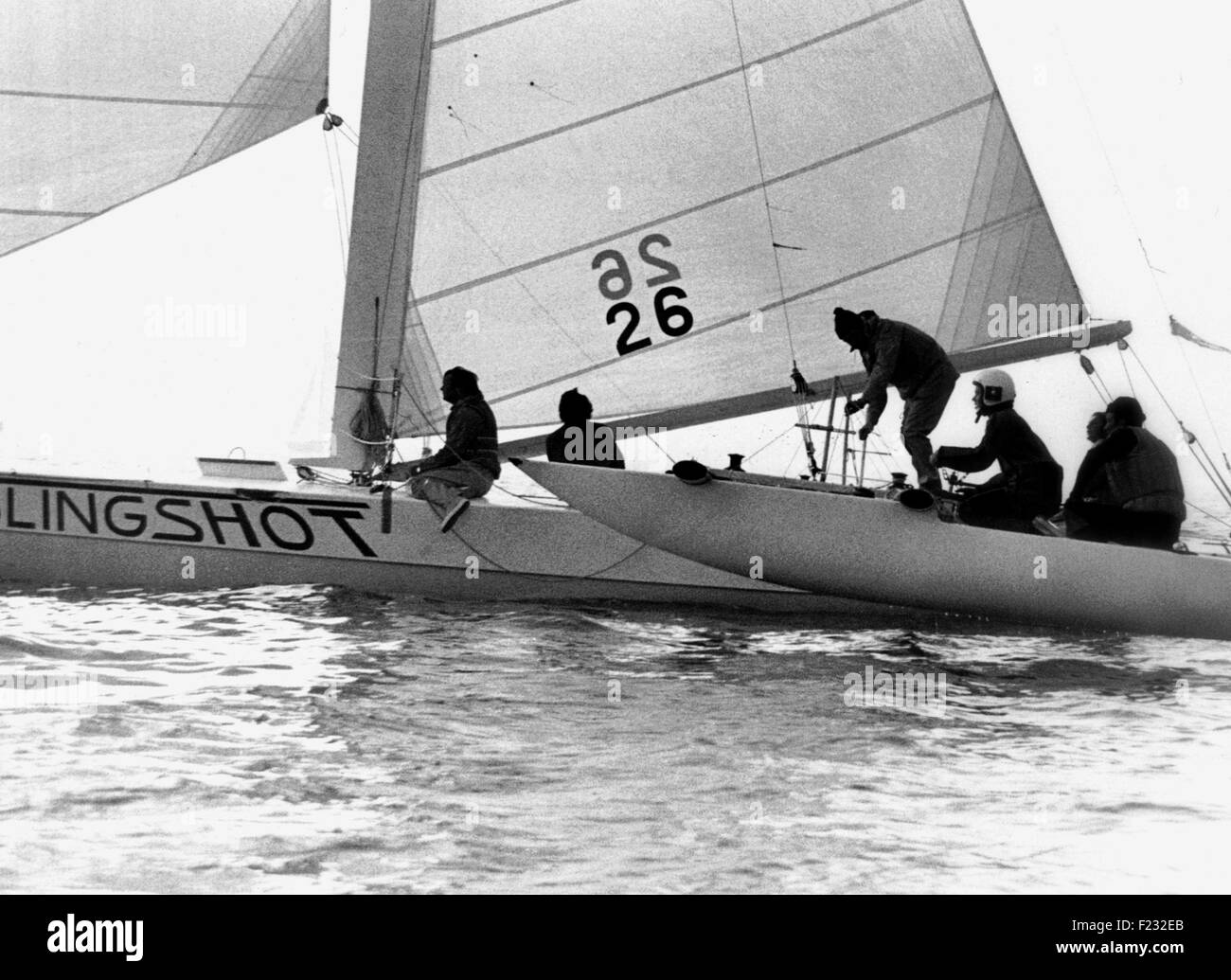 AJAX NEWS PHOTOS - 13TH OCT, 1978. WEYMOUTH,ENGLAND. - SPEED WEEK - AMERICAN SAILING SPEED CATAMARAN SLINGSHOT STARTS ANOTHER RUN. OWNER IS OLIVER CARL THOMAS OF TROY, MICHIGAN, USA.PHOTO:RICK GODLEY/AJAX  REF:1978 2 Stock Photo