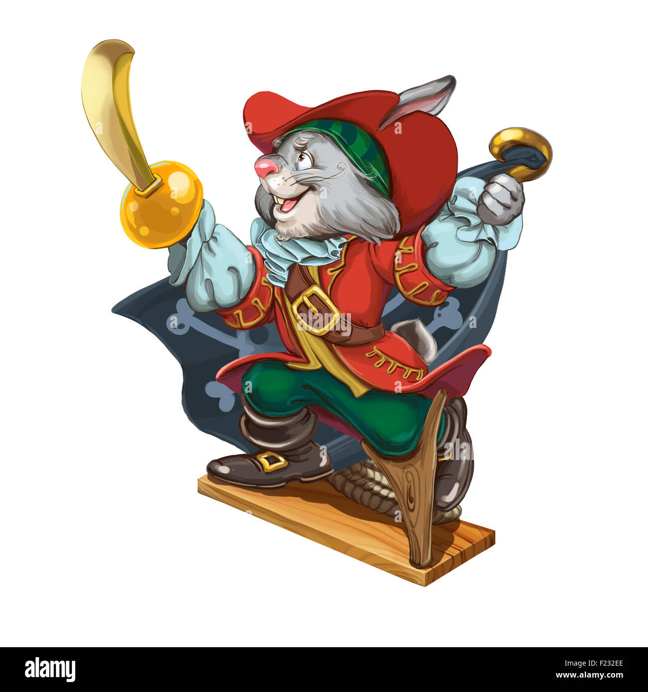 Cartoon hare pirate with a saber in one hand and a hook in another calls for adventures. Invitation card for a holiday or birthd Stock Photo