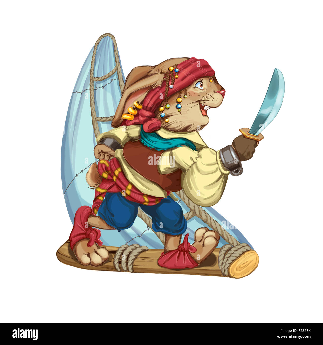 Cartoon hare pirate floats on a sailing vessel from a log and holds a saber in hand. Invitation card for a holiday or birthday. Stock Photo
