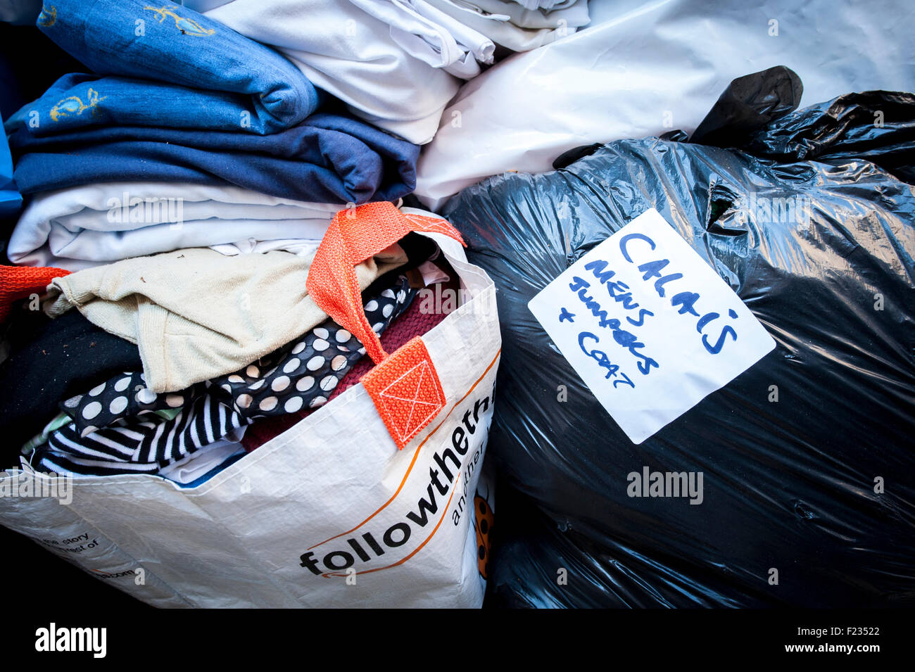 Exeter, UK. 10th Sep, 2015. Donated clothes, sorted, packed and labled during the Exeter Calais Solidarity collection for refugees living in 'The Jungle' refguee camp in Calais Credit:  Clive Chilvers/Alamy Live News Stock Photo