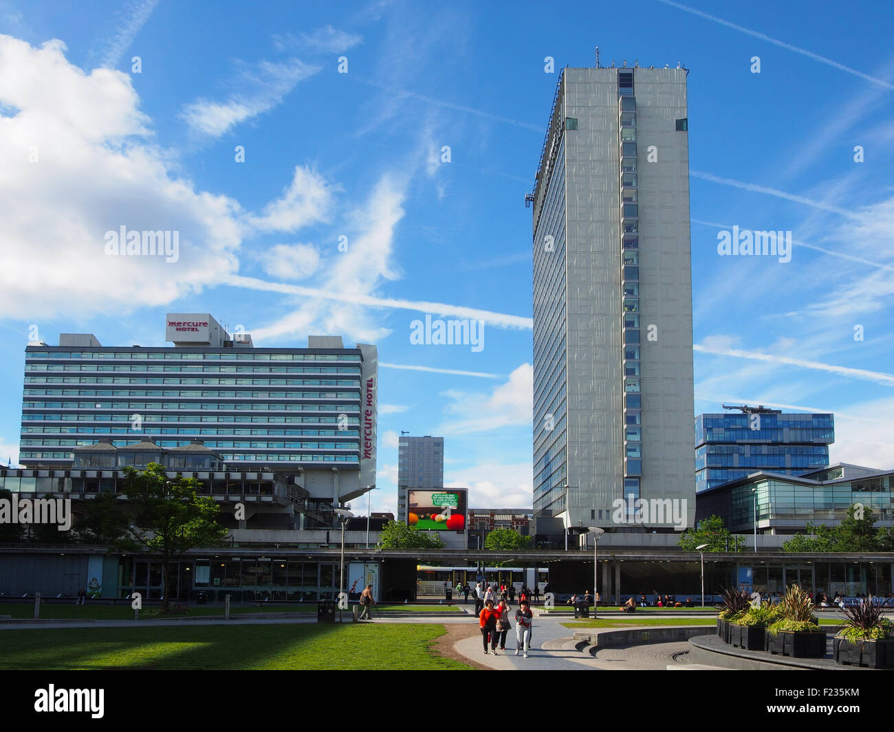 View of Piccadilly Gardens, Manchester, looking towards Piccadilly Plaza. Stock Photo
