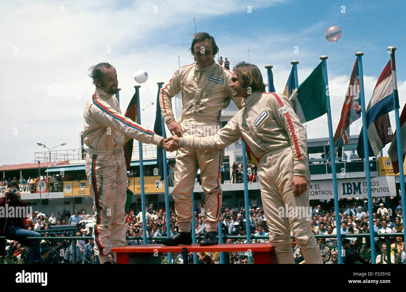 The podium at the VIII Gran Premio de la Republica Argentina 24th January 1971, Henri Pescarolo 2nd, Chris Amon winner and Carlos Reutemann  3rd Stock Photo