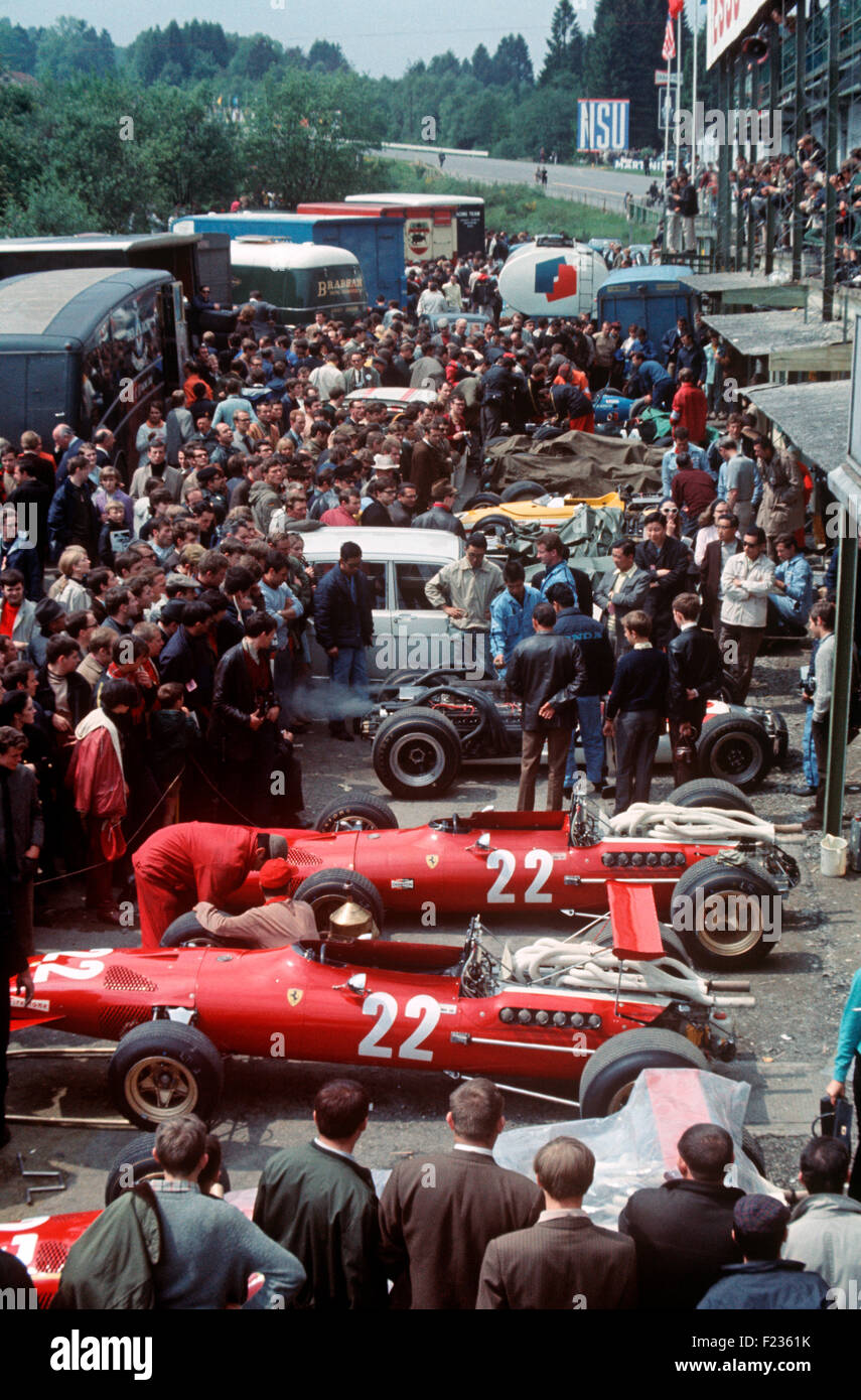 22 Chris Amon Ferrari 312 in Spa paddock Belgian GP 9th June 1968 Stock Photo