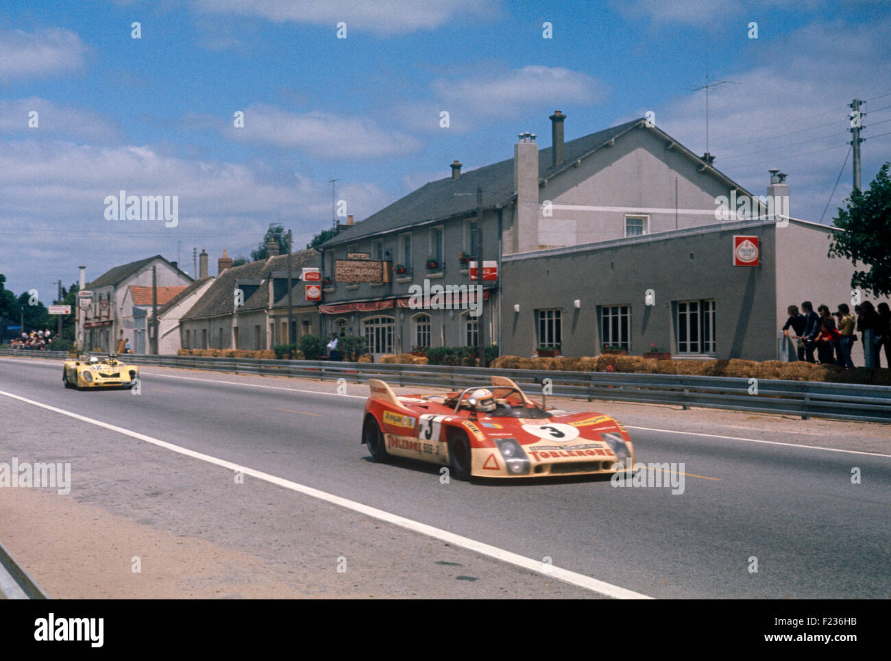 3 Juan Fernandez, Bernard Cheneviere and Francisco Torredemer Porsche 908 at Les Hunaudieres on the Mulsanne Straight Le Mans 10 June 1973 Stock Photo