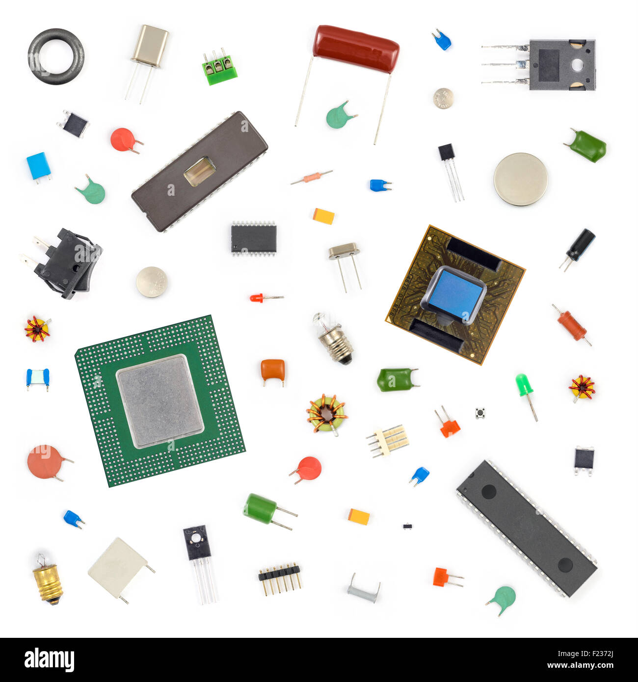 Various electronic components on white background Stock Photo