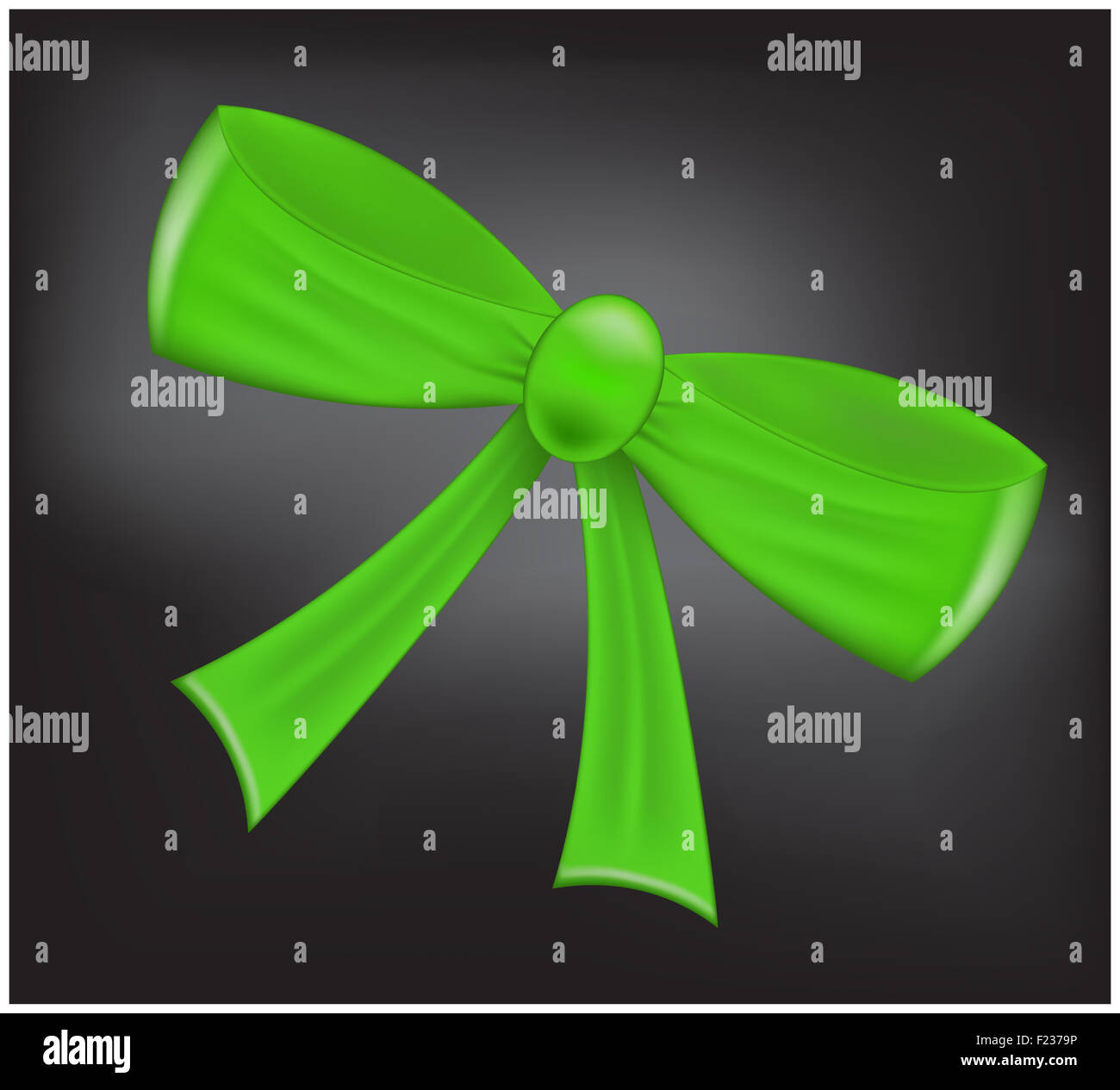 Green realistic ribbon bow on dark background. Vector illustration