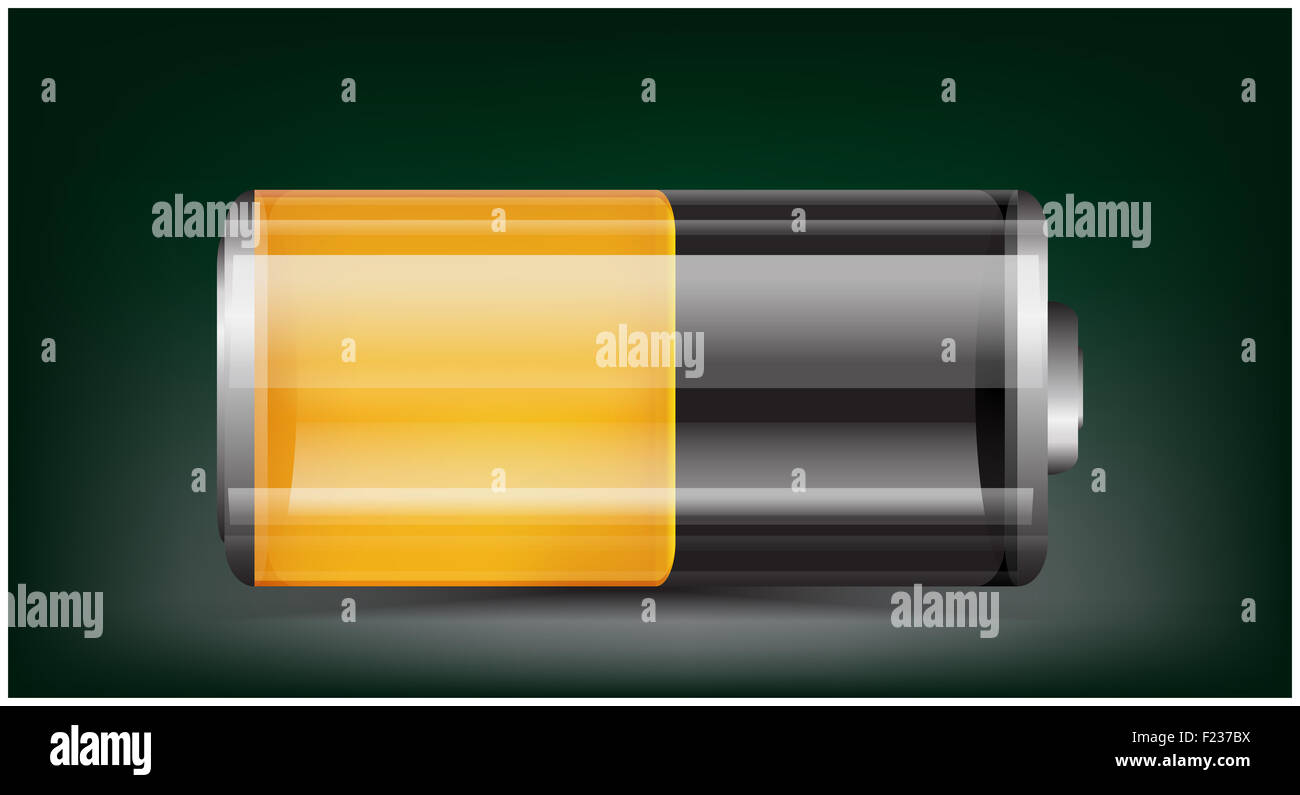 Vector transparent battery illustration. Half charged orange battery on