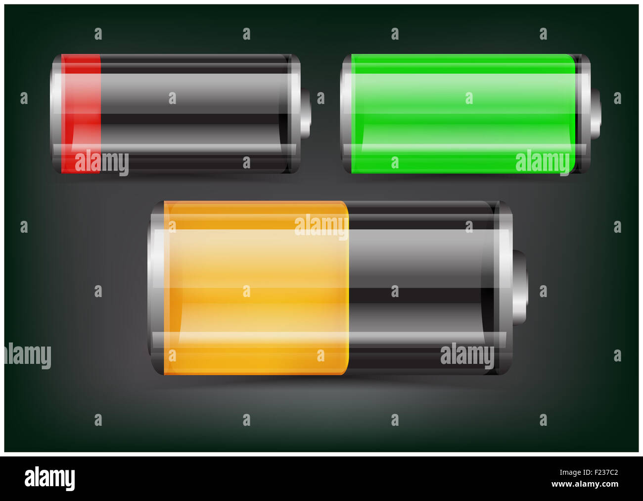 Vector set of transparent battery illustration. Green, orange and red