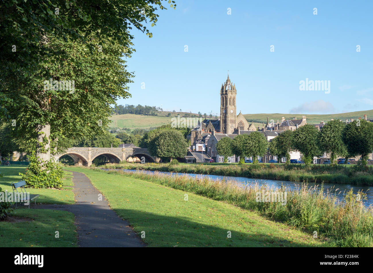 Peebles Old Parish Church from the banks of the River Tweed, Peebles, Peeblesshire, Scottish