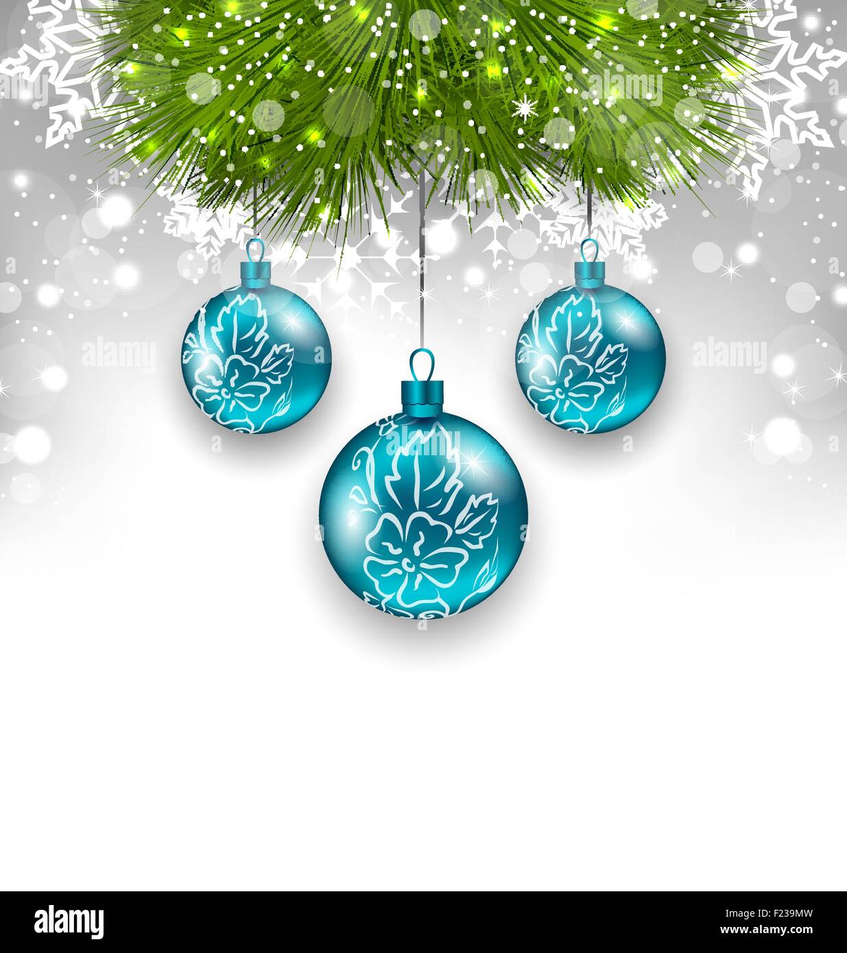New Year background with glass hanging balls and fir twigs Stock Vector ...