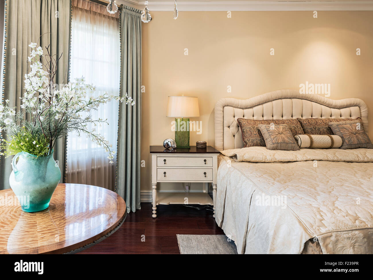 Elegant interior design of a bedroom. Stock Photo