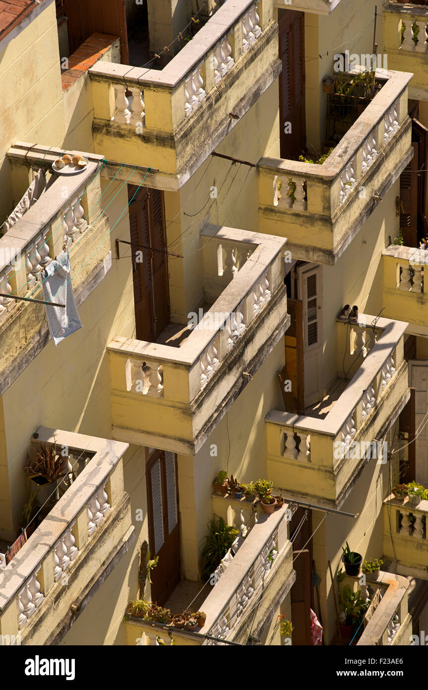 View of a the balconies of a Cuban apartment building, Havana, Cuba