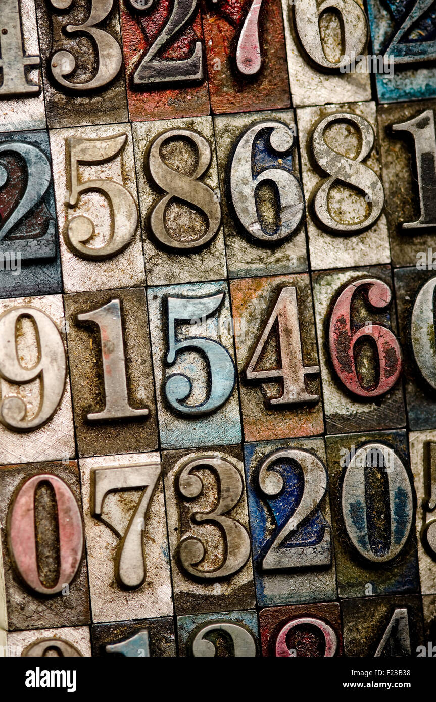 A random selection of letterpress numbers as a background. Narrow focus. Stock Photo
