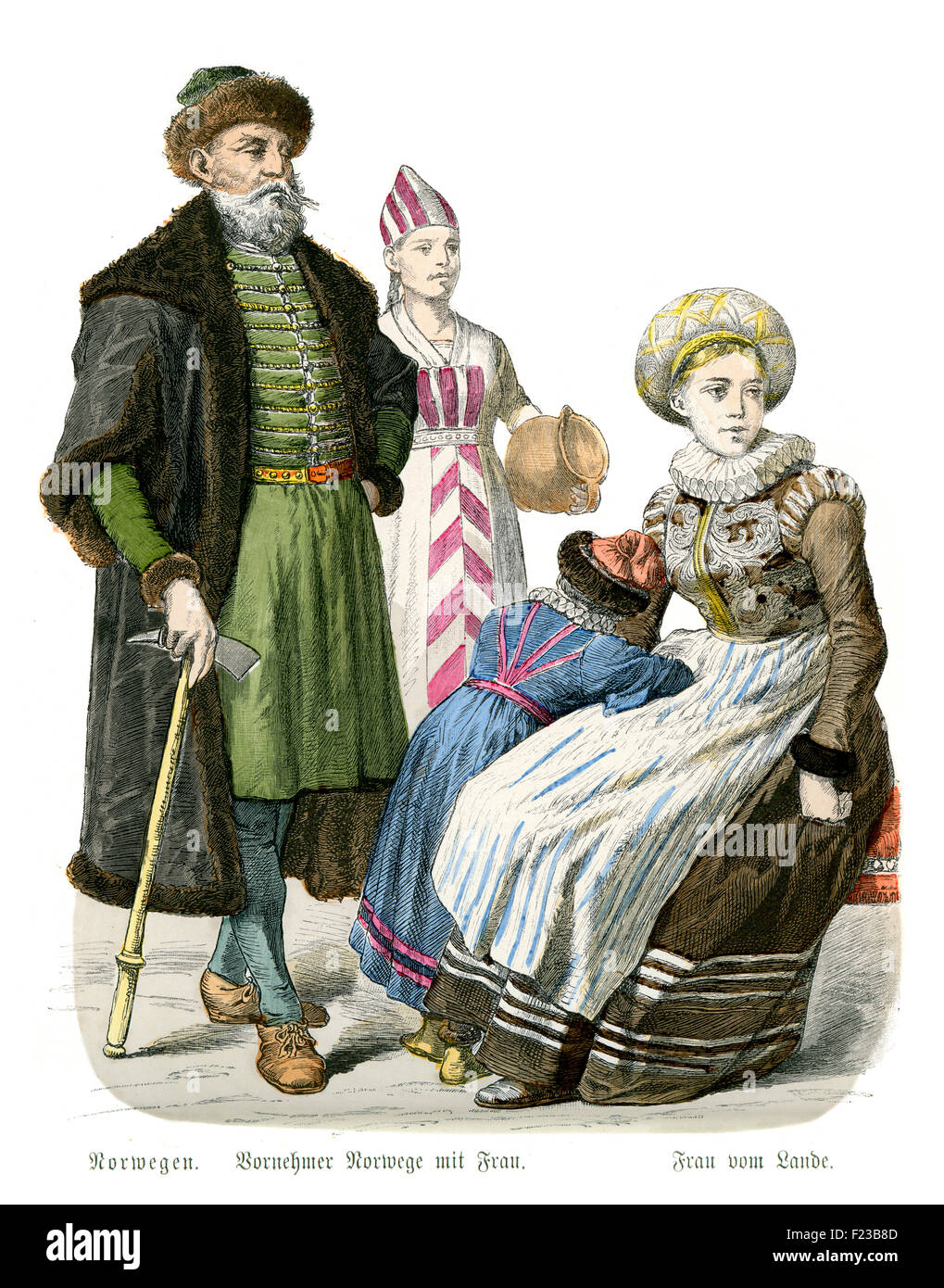 Period costumes of a nobleman and his wife from 17th Century Norway, and a Norwegian woman from the country Stock Photo