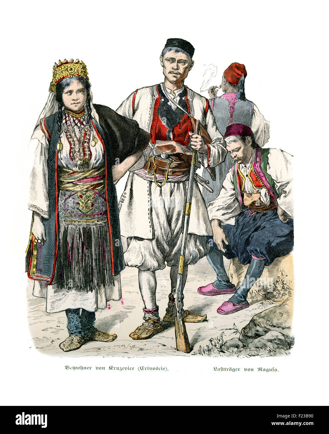 Period costumes of Dalmatia 19th Century, Inhabitants of Krozevice (Crivoscie) load carrier of Ragusa Stock Photo