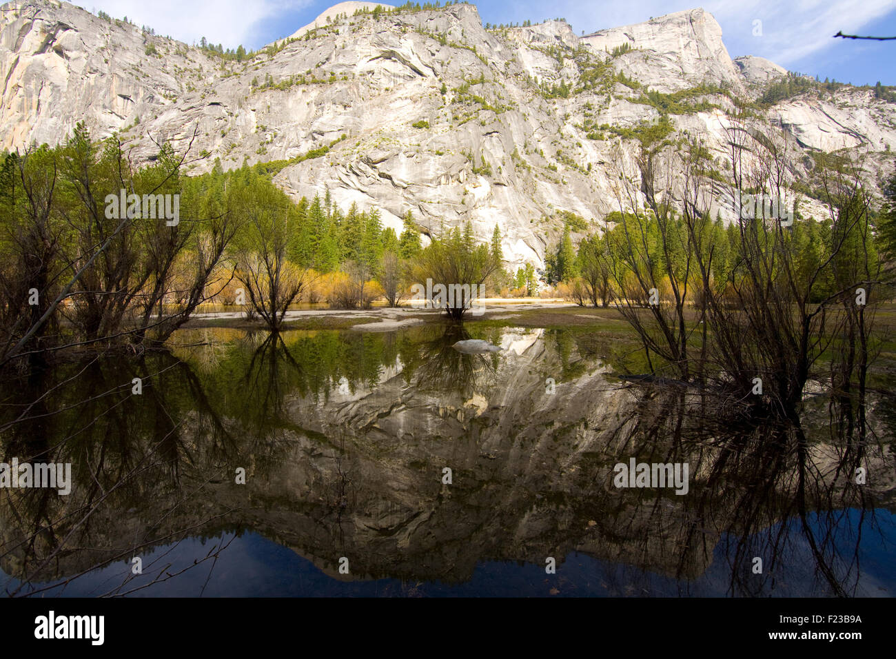 Reflection of a mountain range in a lake, Mirror Lake, Mt Watkins, Yosemite Valley, Yosemite National Park, California, USA Stock Photo