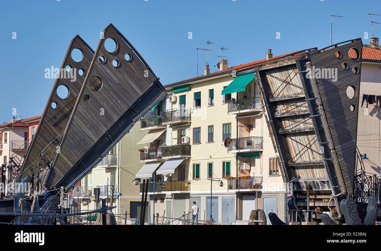 A wooden footbridge open for boats to pass through Chioggia Venetian Lagoon Veneto Italy Europe Stock Photo
