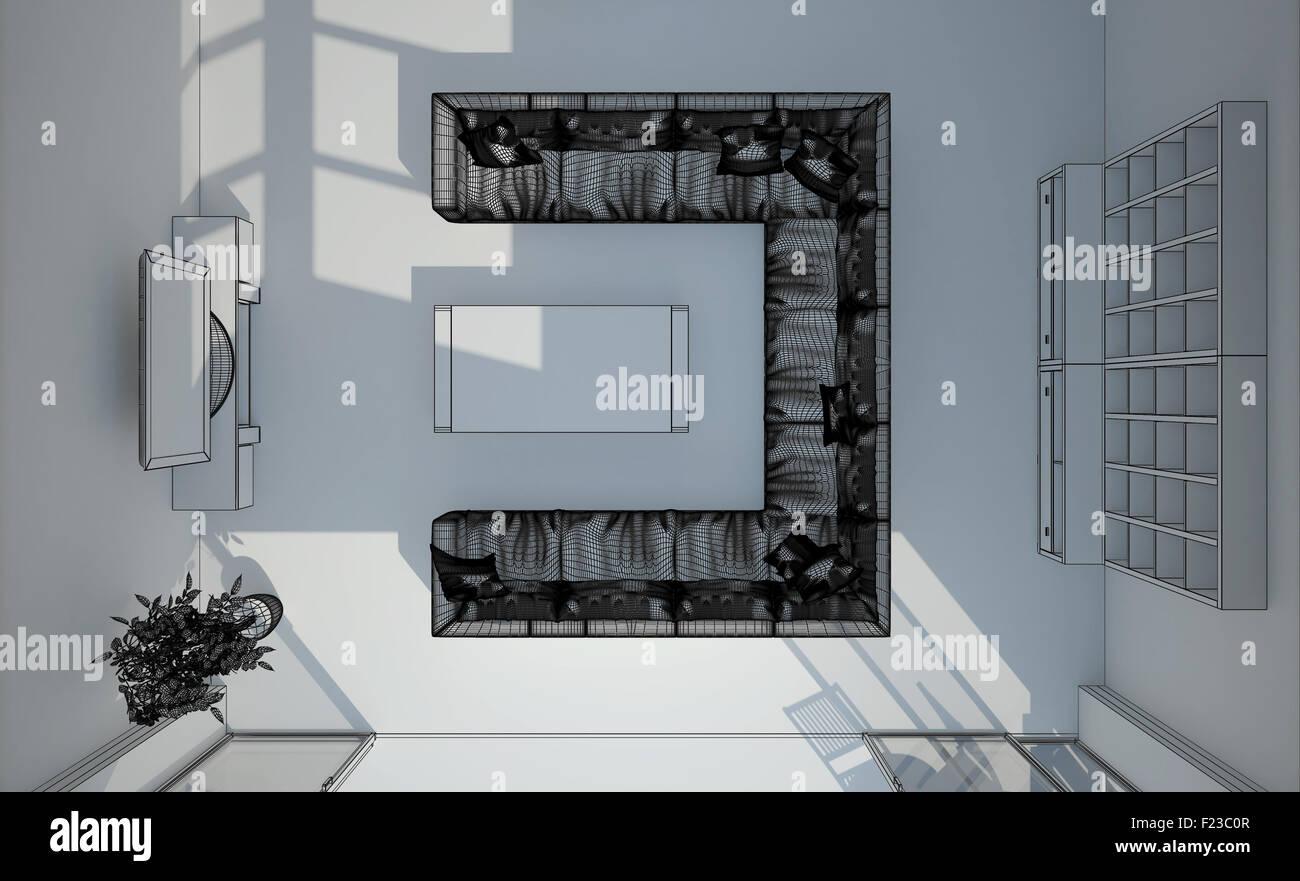 3D interior rendering of a living room Stock Photo