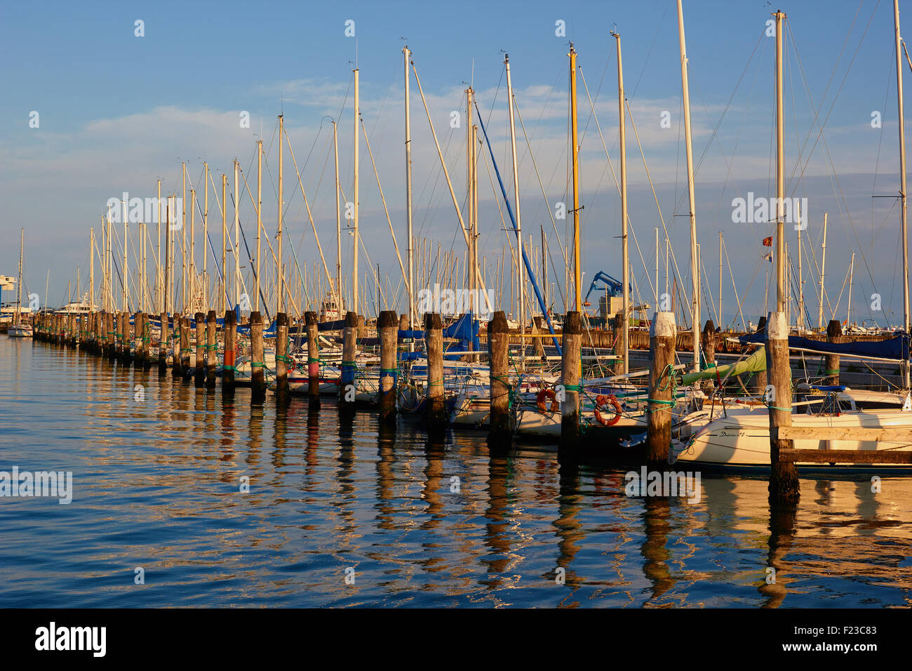 Line of yachts moored in the harbour at Chioggia Venetian Lagoon Veneto Italy Europe Stock Photo