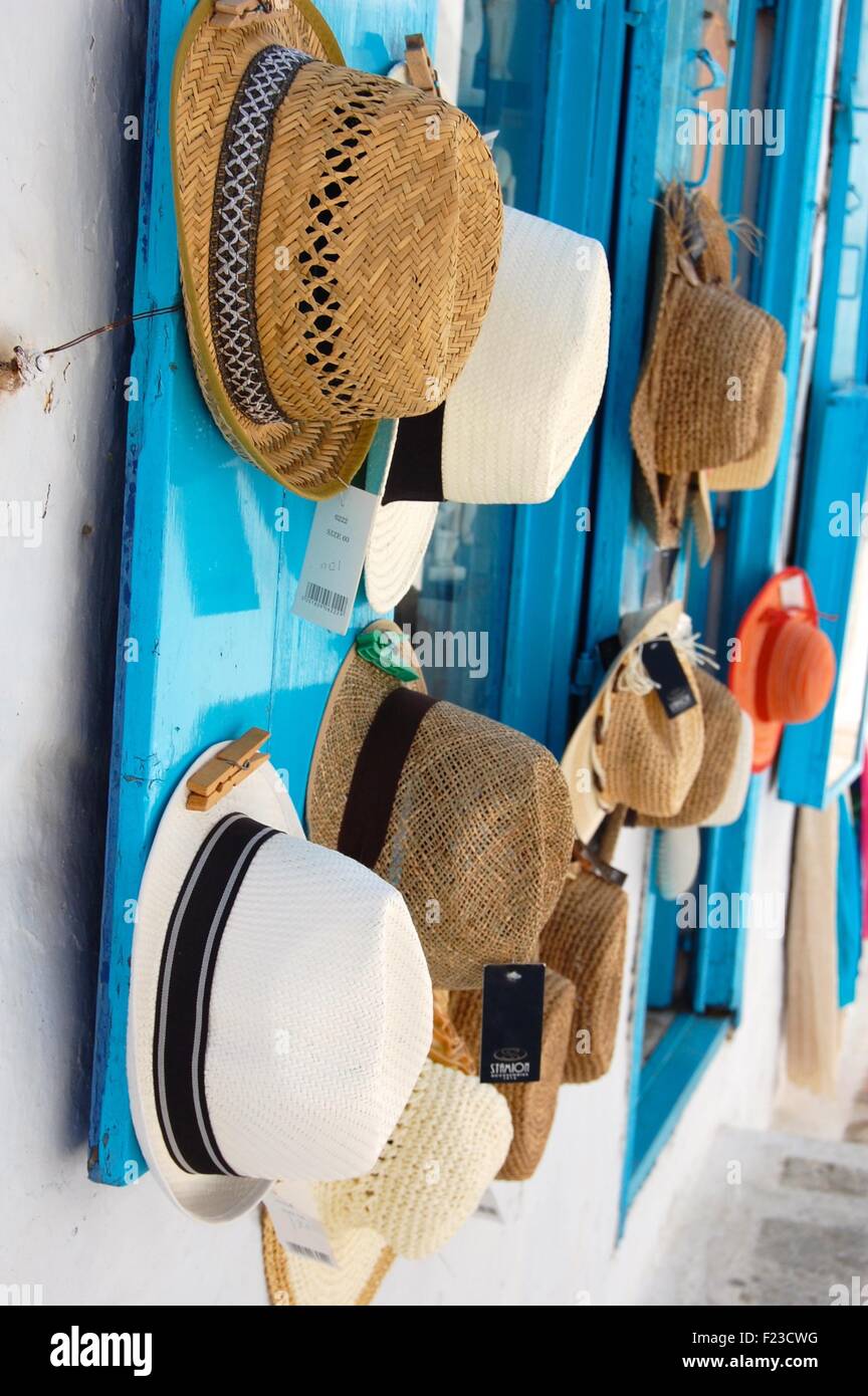 Man hats for sale in an outdoor market, Santorini, Greece Stock Photo -  Alamy