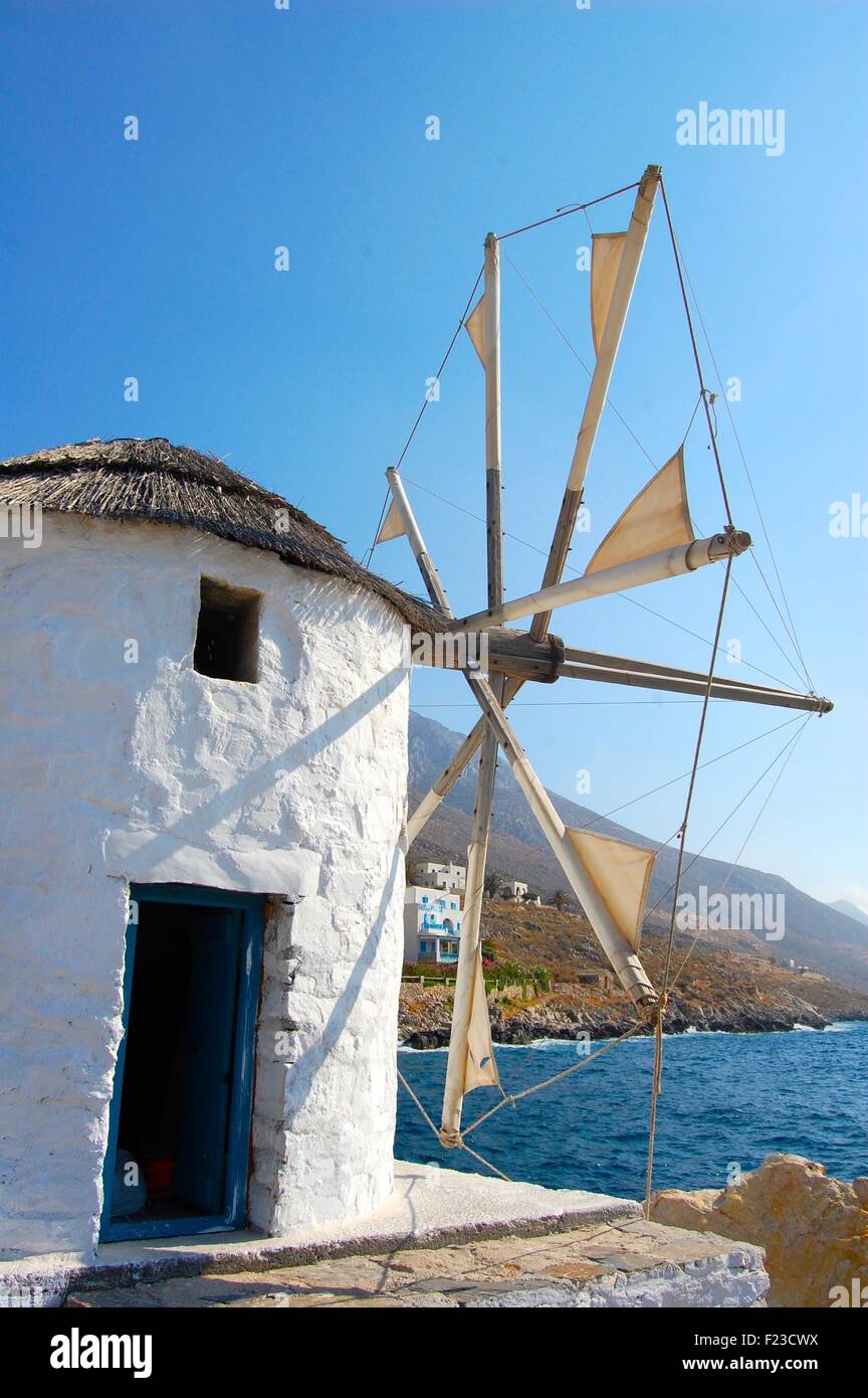 Windmill on the Greek island of Amorgos in the Cyclades Stock Photo
