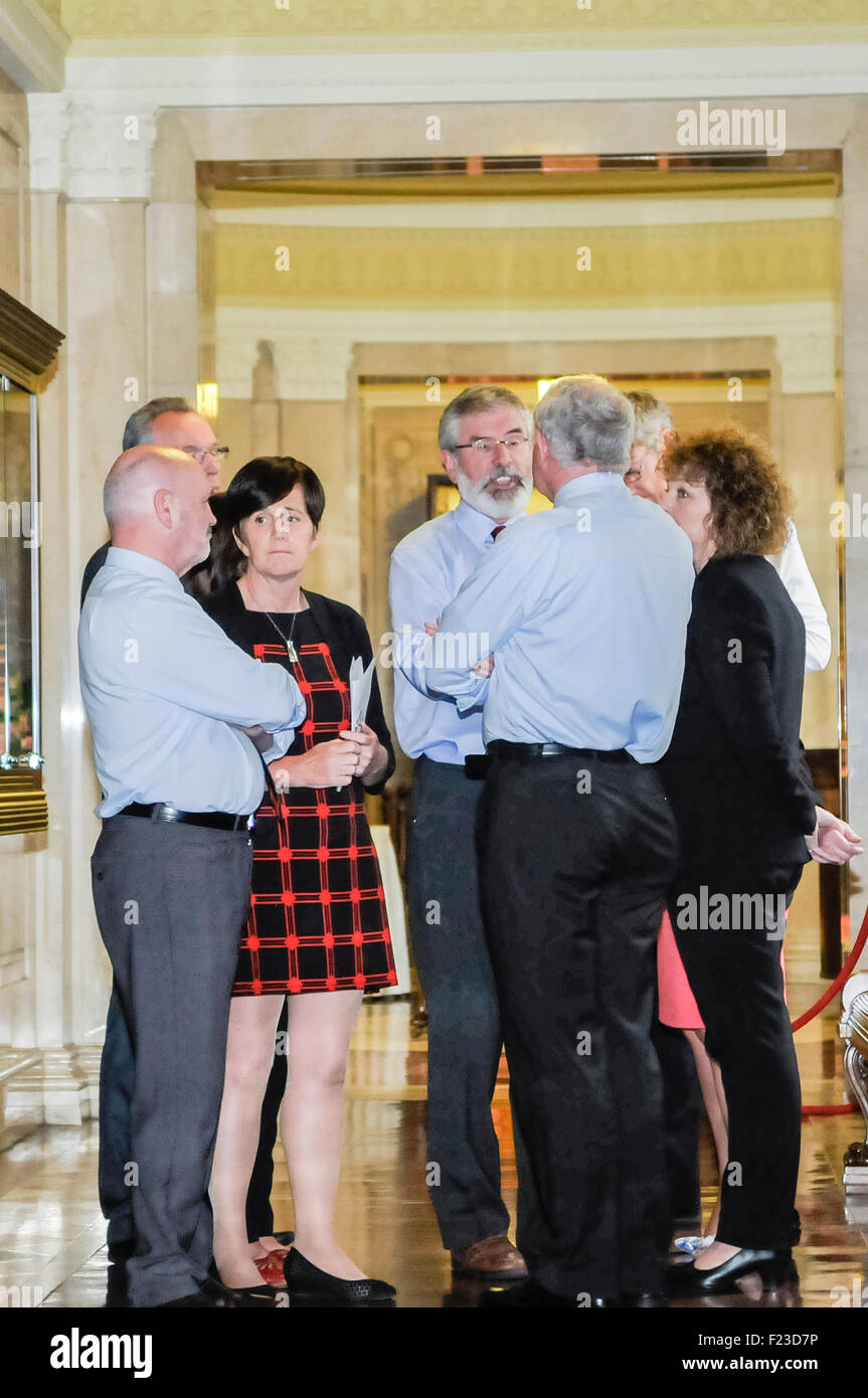 Belfast, UK. 10th September, 2015.  Sinn Fein MLAs have a discussion in the corridor of Parliament Buildings, Stormont Credit:  Stephen Barnes/Alamy Live News Stock Photo