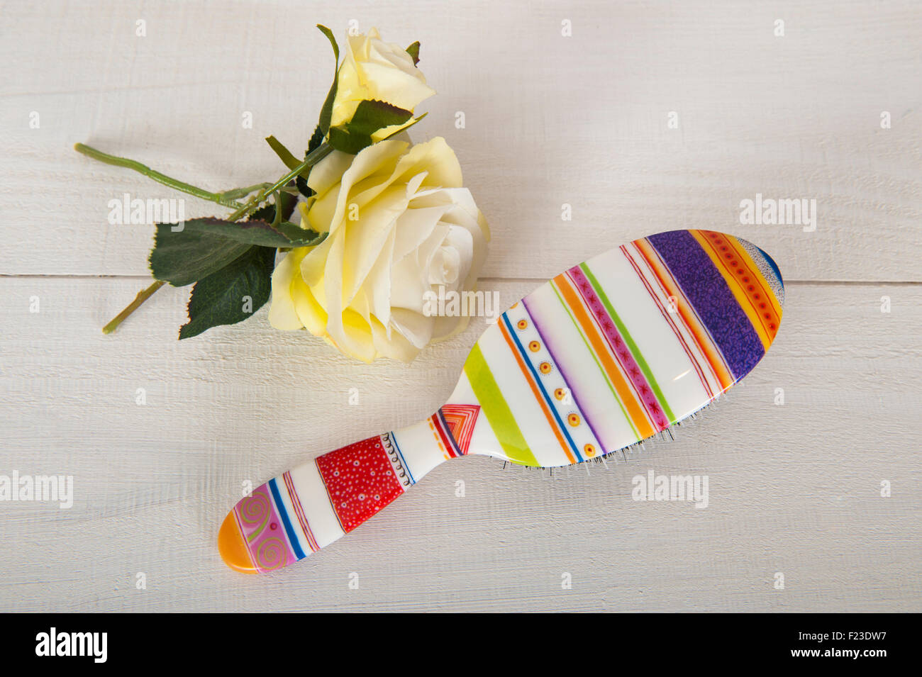 A brightly coloured hairbrush on a white background with two yellow roses flowers Stock Photo