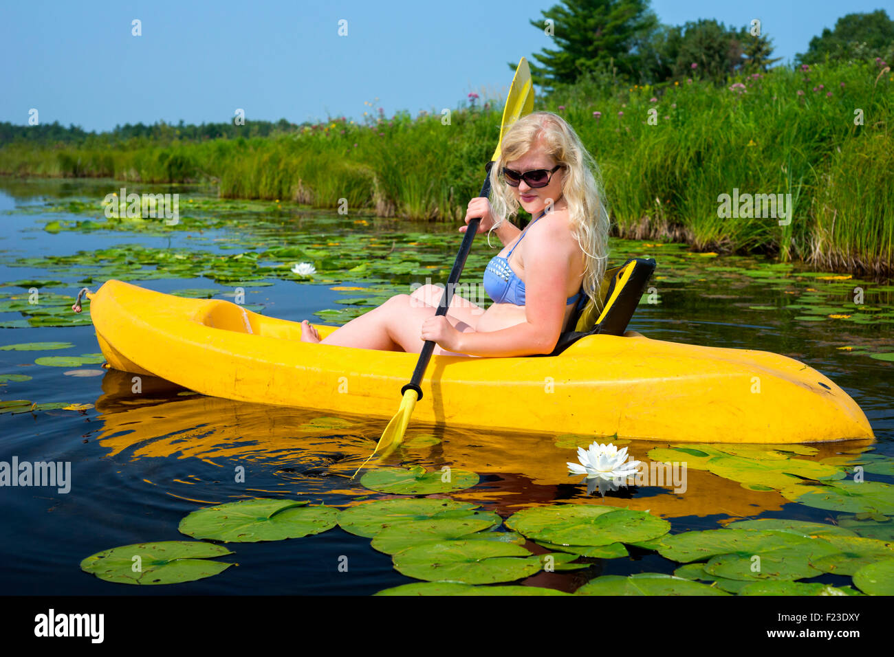 Blond Caucasian girl in her 20's wearing a swimsuit in an yellow kayak paddles through lilypads on a lake in northern Minnesota Stock Photo