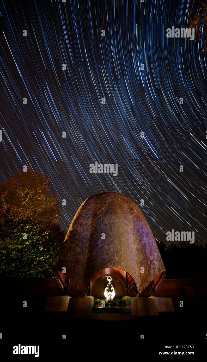 Star trails in night sky over the Roofless Church, New Harmony, IN, USA Stock Photo