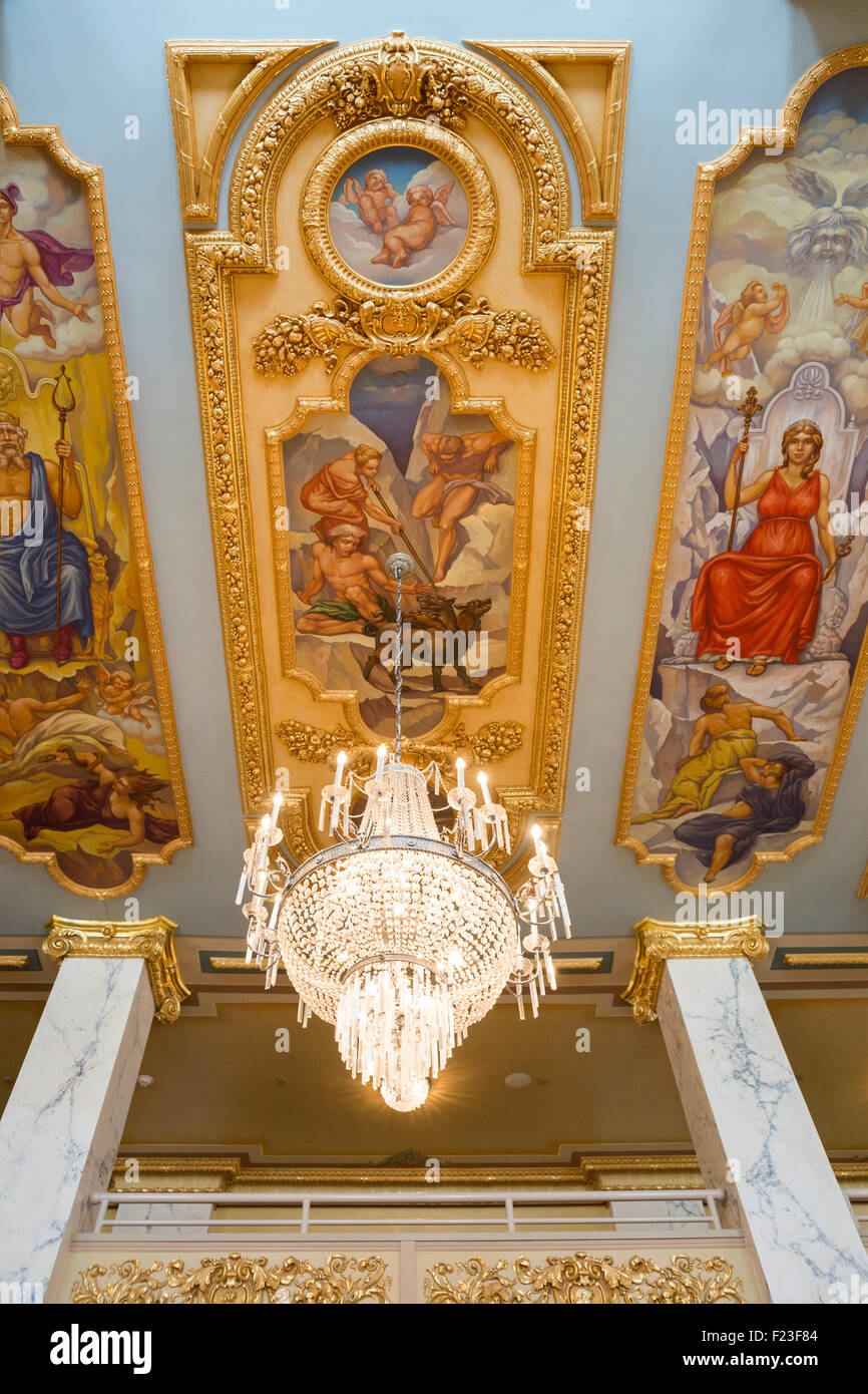 Ceiling decorated with paintings and 24K gold leaf at the historic National Landmark French Lick Springs Resort, French Lick, IN Stock Photo