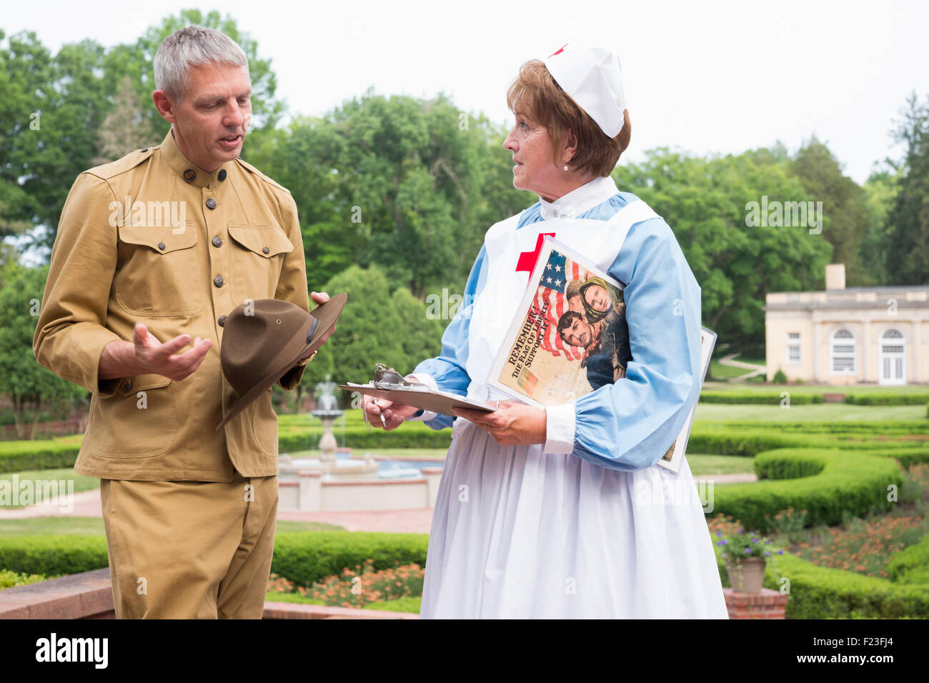 Costumed actors portraying a soldier and nurse from 1918 when the West Baden Resort was used as an Army hospital during WWII Stock Photo