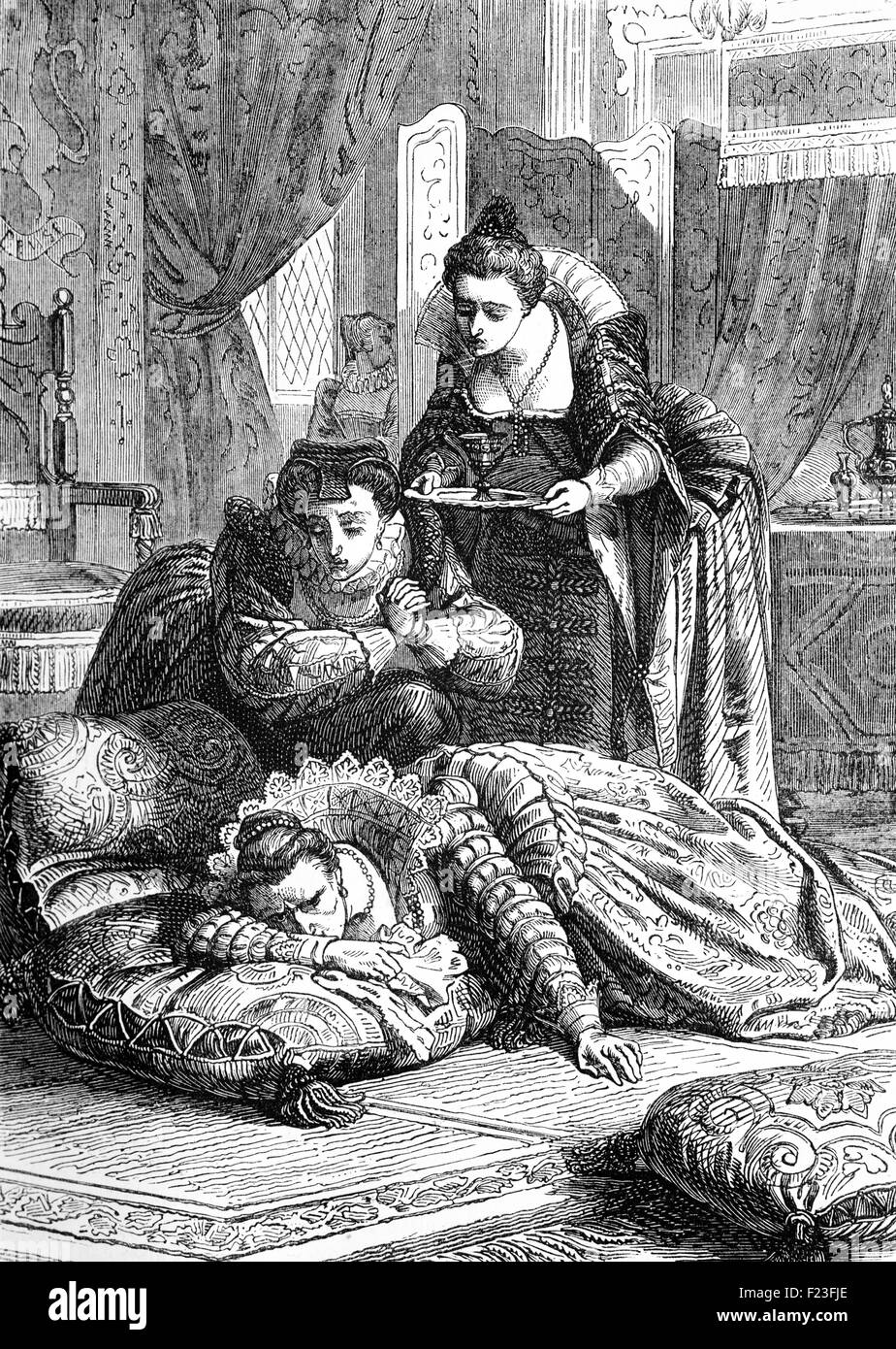 Queen Elizabeth I fell sick and died on 24 March 1603 at Richmond Palace, between two and three in the morning. Stock Photo