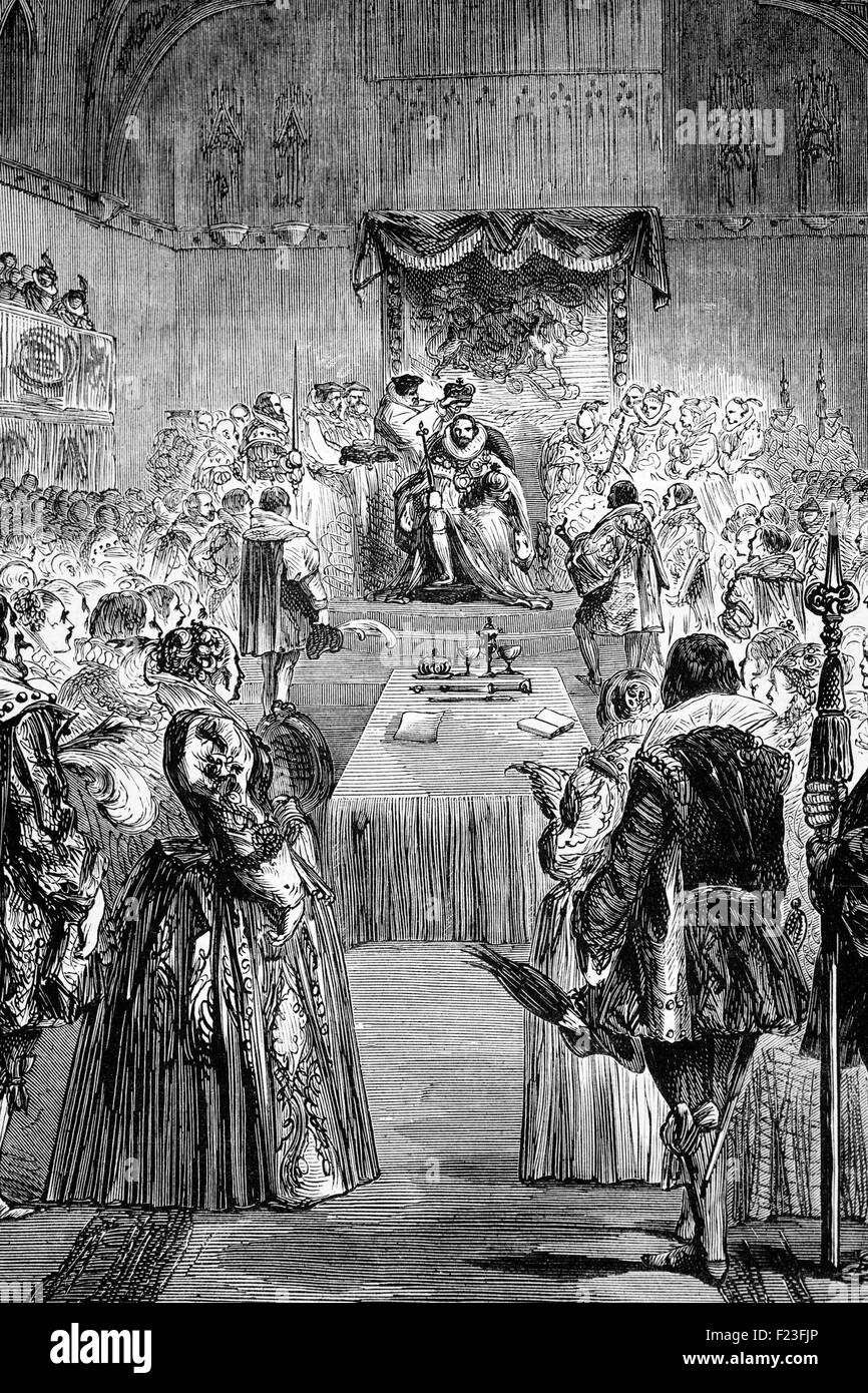 The English Coronation of James I (1566 – 1625) King of England and Ireland, on 25 July,  1603 on the death of Queen Elizabeth I.  He was also King of the Scots as James VI from 24 July 1567. Stock Photo