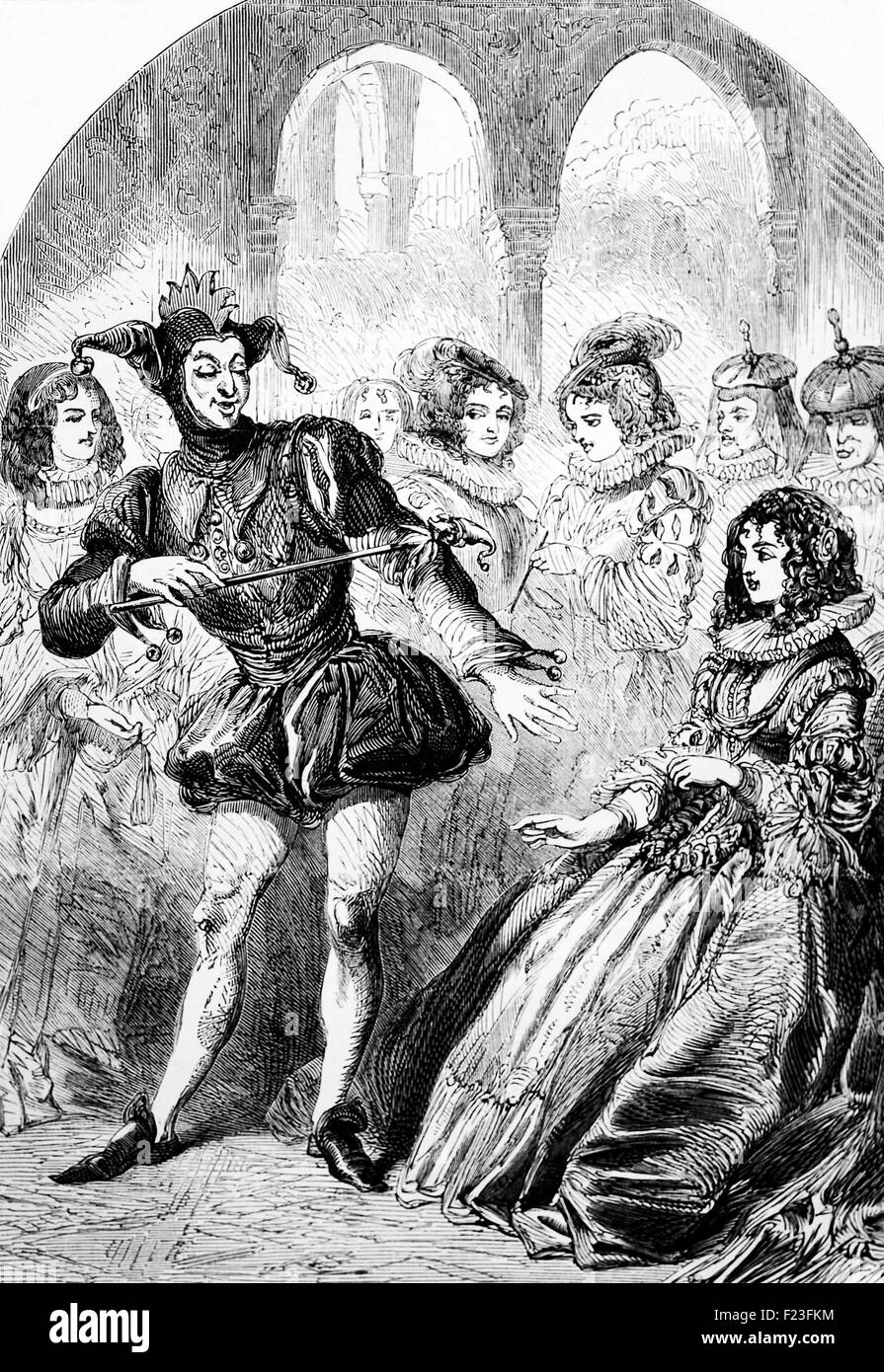 An English jester entertaining Spanish ladies during a visit by Prince Charles to Madrid in February 1623. The Spanish Match was a proposed marriage, between Charles  and Infanta Maria Anna of Spain, the daughter of Philip III of Spain. However, the scheme proved to be  unpopular with England's Protestant House of Commons. Stock Photo