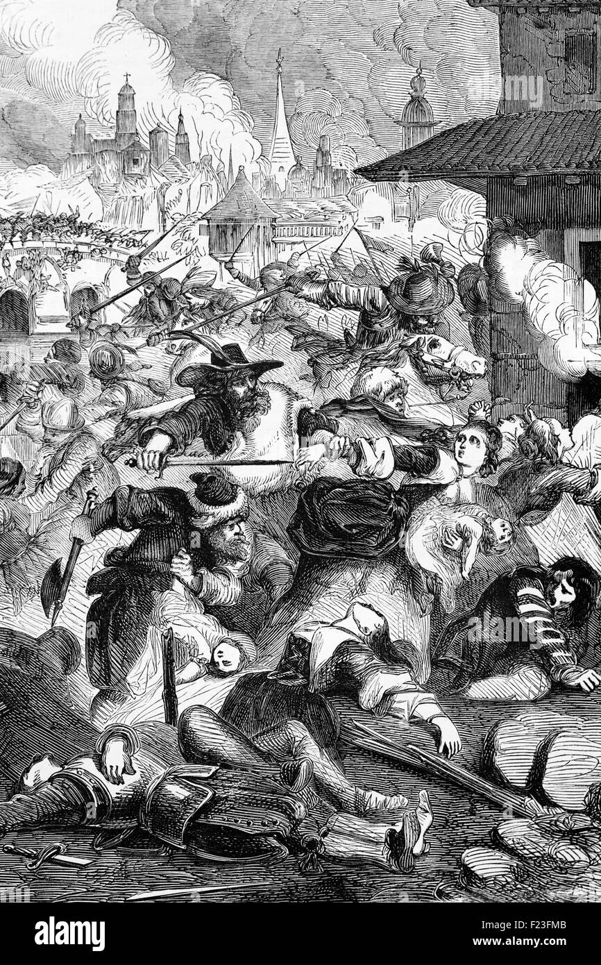 In 1631, during the Thirty Years' War, imperial troops under Johann Tserclaes, Count of Tilly, stormed and set fire to Magdeburg, the capital city of the Bundesland of Saxony-Anhalt, Germany. During the sacking 20,000 inhabitants were massacred. Stock Photo